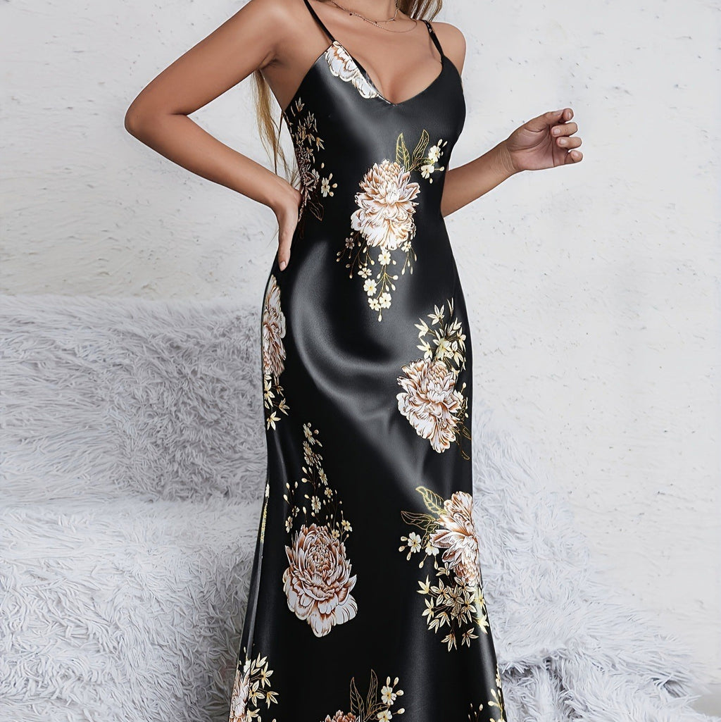 Women's Floral Maxi Slip Dress, Sleeveless V-Neck