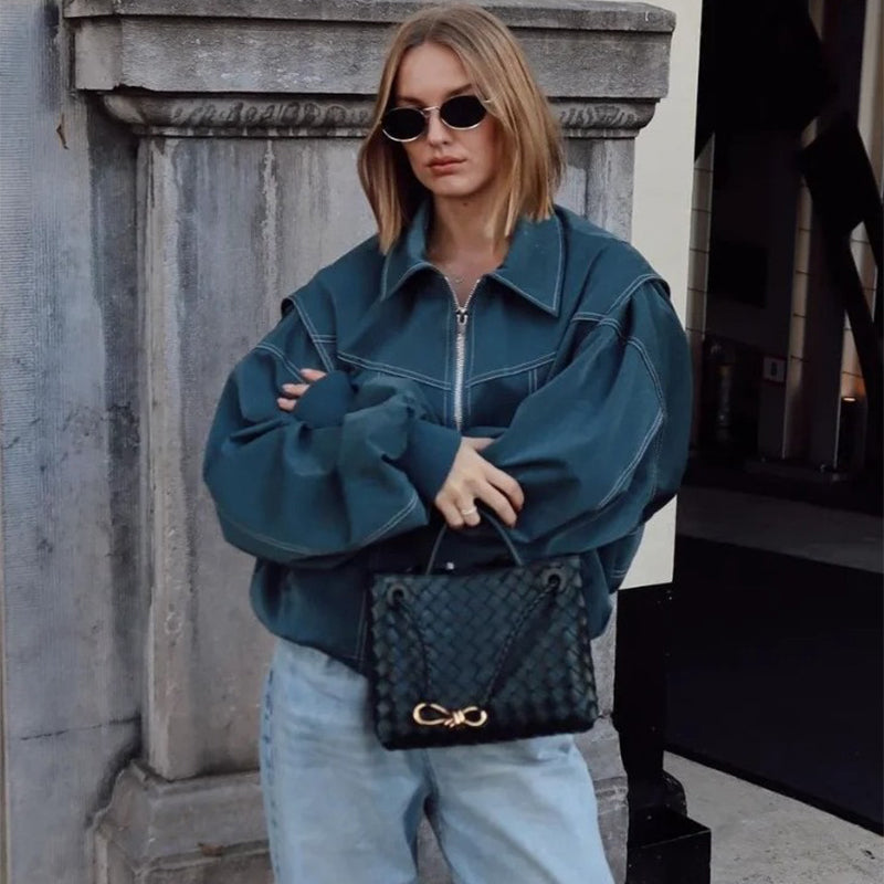 Lockere Mode Revers Jacke Reißverschluss Coole Langarm Reißverschluss Moto Biker Lederjacke Damenbekleidung