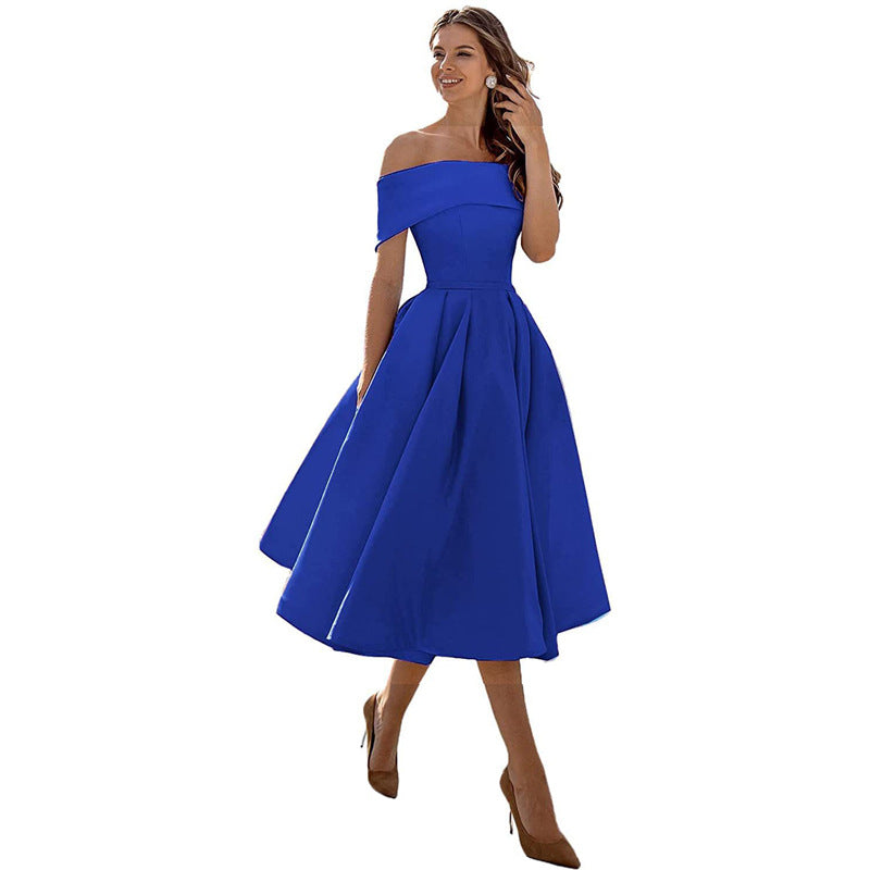 Elegant Satin Strapless Dress – Women’s Off-Shoulder Tea-Length Evening Outfit with Pockets