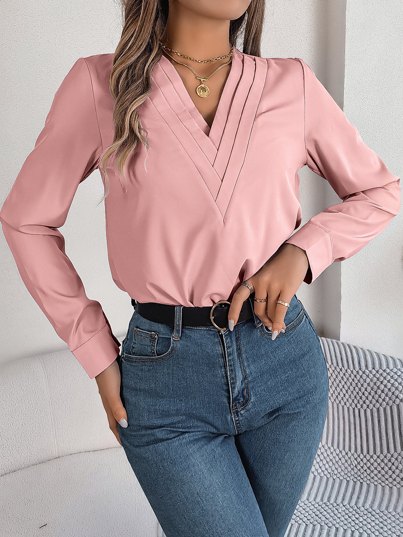 Stylish Business Casual Shirt – Elegant V-Neck Long Sleeve Solid Blouse