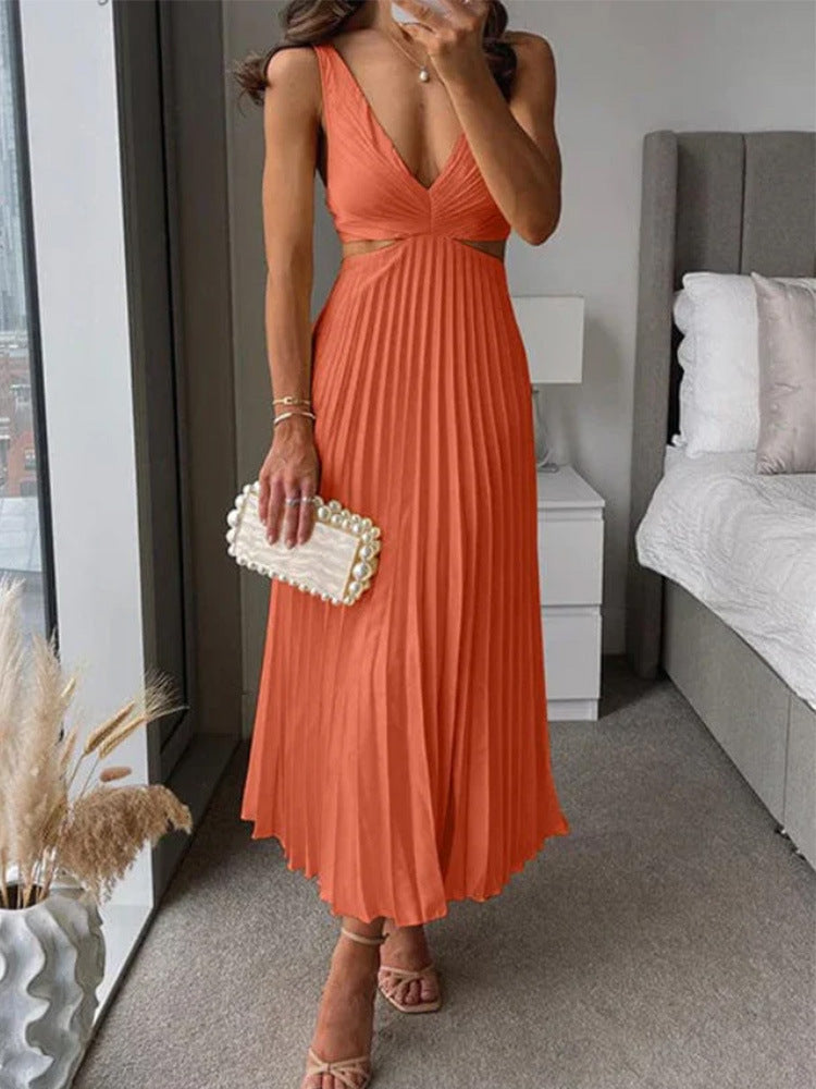 Elegant Pleated Long Dress – Hollow Waist V-Neck Backless Suspender Style