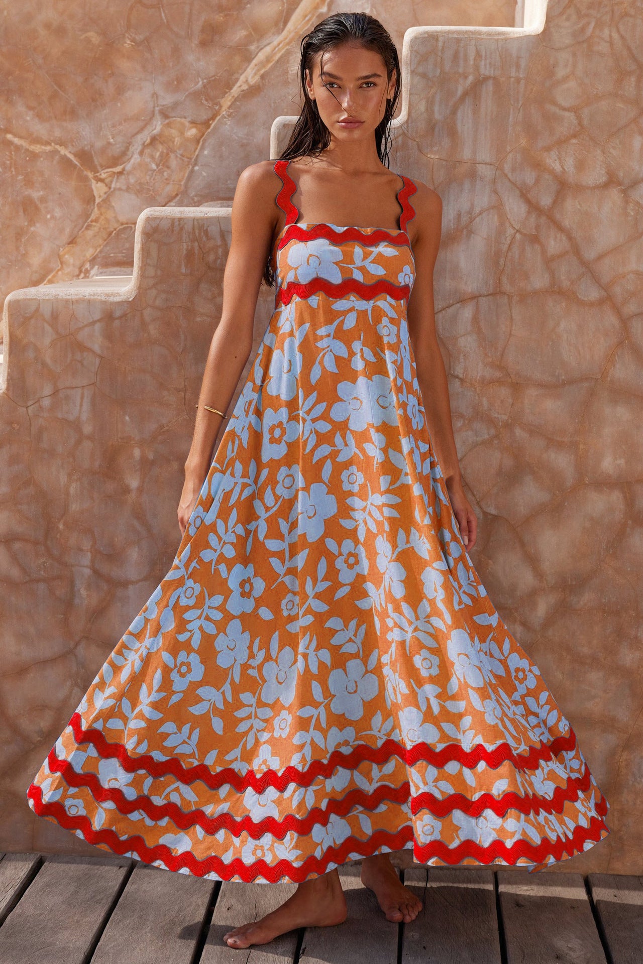 Women’s Summer Floral Suspender Dress – Wavy Pattern A-Line Beach Maxi