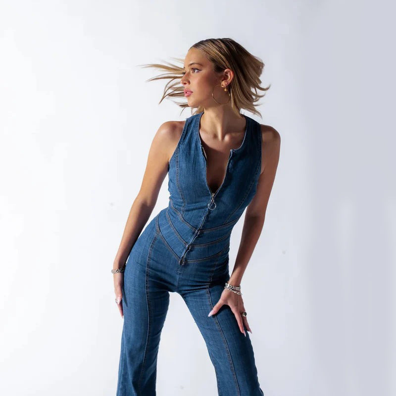 Women’s Summer Denim Jumpsuit – Slim Fit Halter Neck Heart-Shape Backless Style