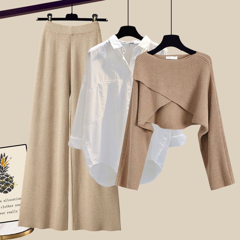 Elegant 3-Piece Outfit – Knitted Sweater Top with Shirt and Wide-Leg Pants