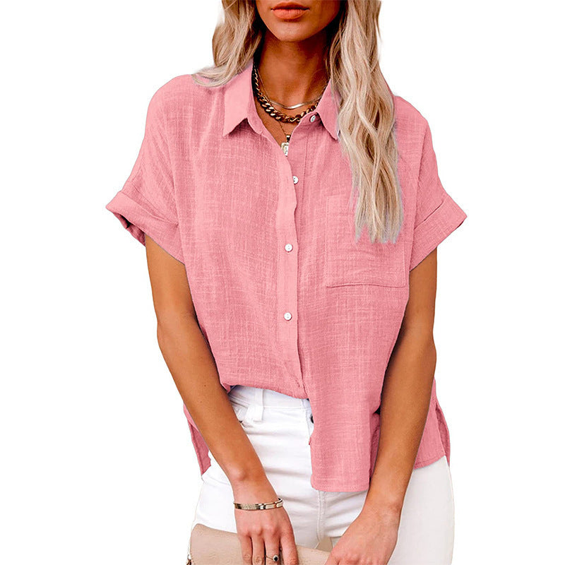 Women’s Summer Lapel Shirt – Solid Color Short Sleeve Button Top with Pockets