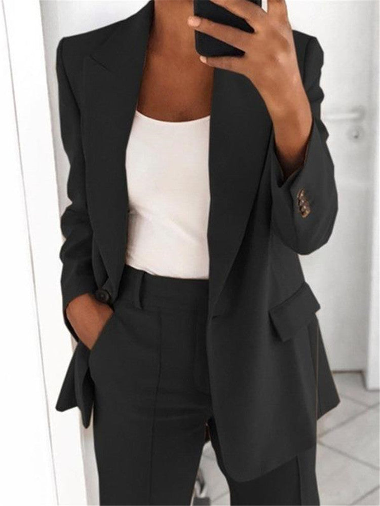 Trendy Women’s Workwear – Casual Long Sleeve Blazer Jacket with Slim Fit Trousers