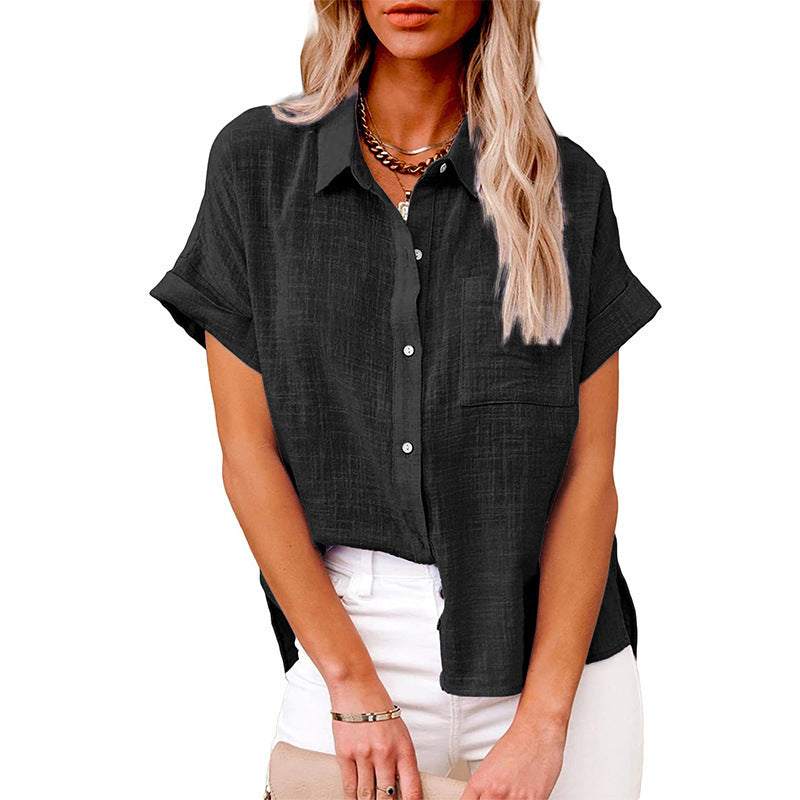 Women’s Summer Lapel Shirt – Solid Color Short Sleeve Button Top with Pockets