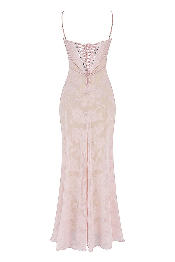 Women’s Summer Floral Lace Dress – Sexy Backless Suspender Long Party Outfit