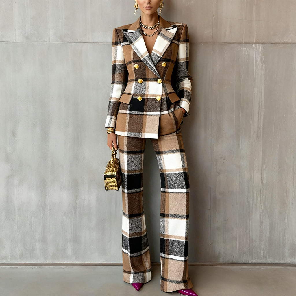 Plaid-printed Long-sleeve Tailored Suit Pants Set