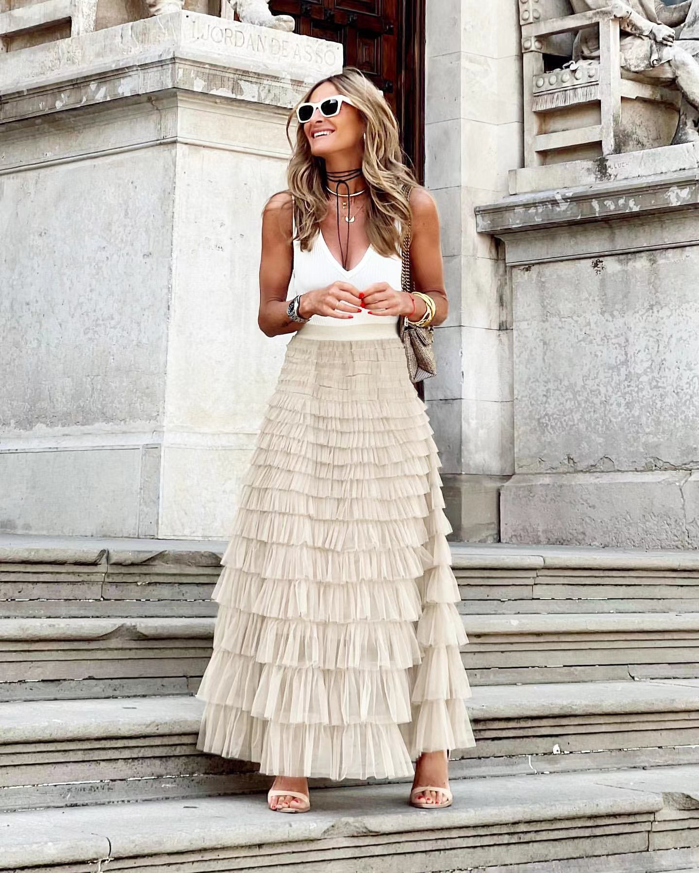Women’s Summer Mesh Maxi Skirt – Layered Ruffle Cake Style Party Outfit