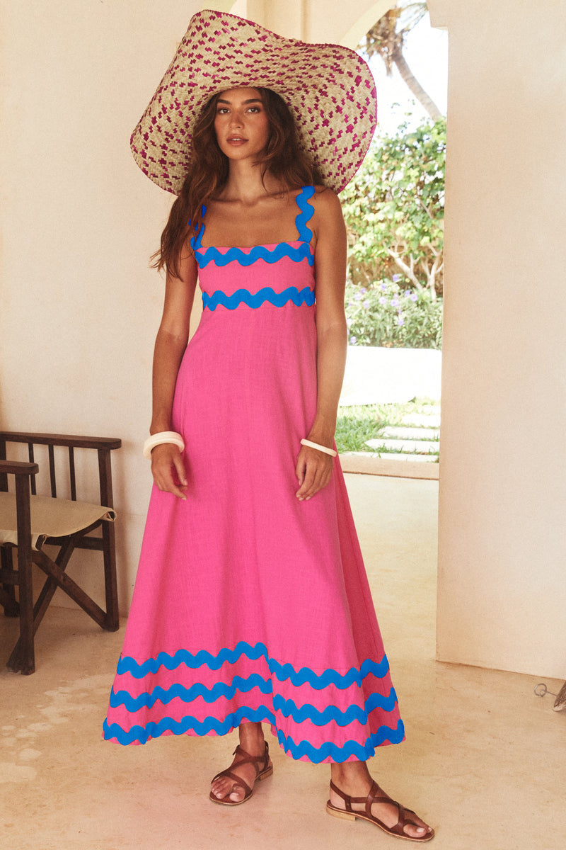 Women’s Summer Floral Suspender Dress – Wavy Pattern A-Line Beach Maxi