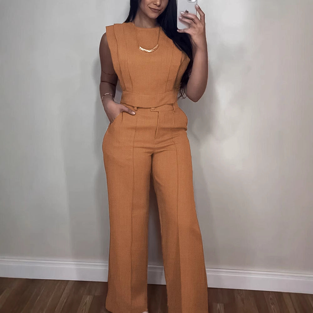 Women’s Summer Two-Piece Set – Sleeveless Round Neck Vest Top with Pocket Straight Pants