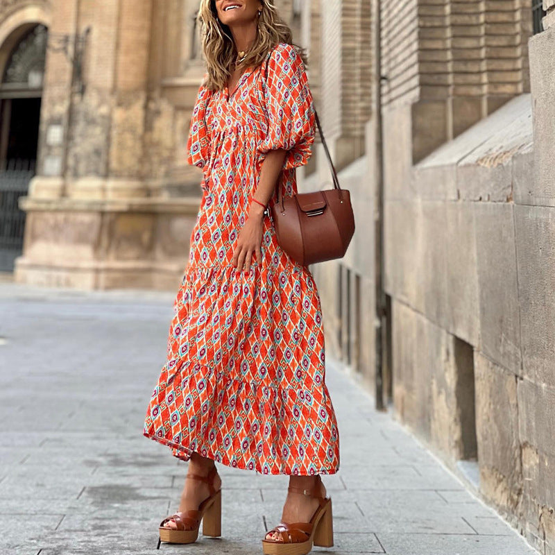 Vintage Bohemian Maxi Dress – Elegant V-Neck Short Sleeve Summer Outfit