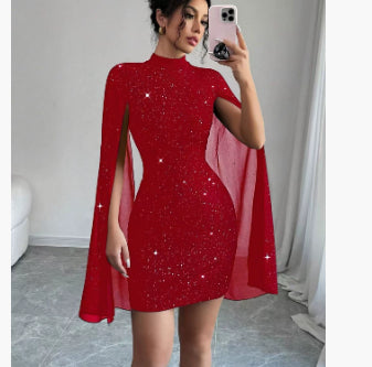 „Formelles Clubparty-Kleid – Rundhals, Pailletten, Perlen, Capesärmel, schmale Passform“