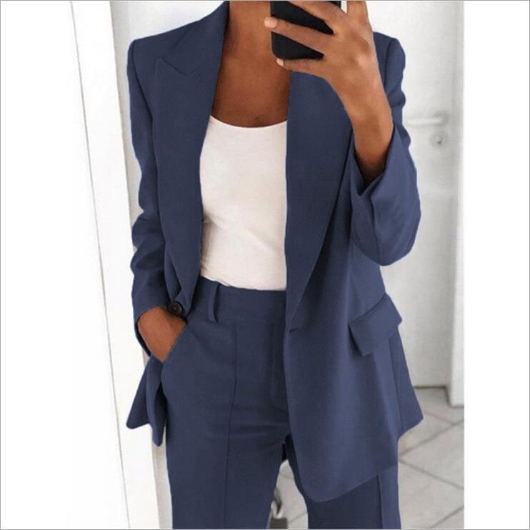 Trendy Women’s Workwear – Casual Long Sleeve Blazer Jacket with Slim Fit Trousers