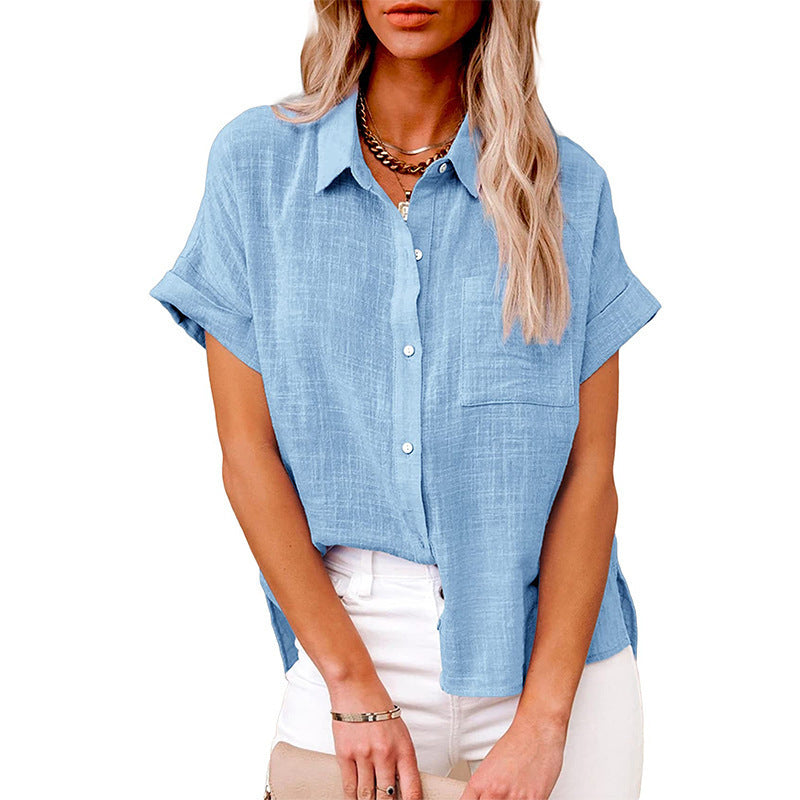 Women’s Summer Lapel Shirt – Solid Color Short Sleeve Button Top with Pockets