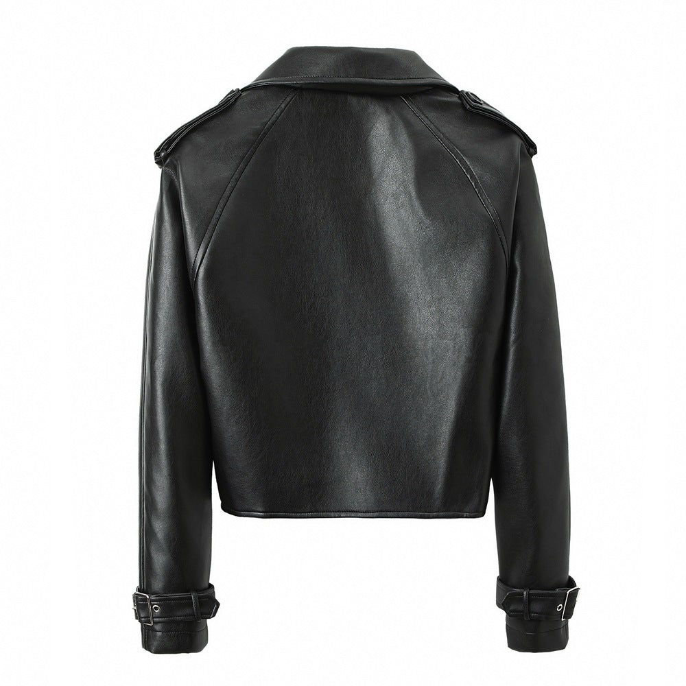 Damen-Lederjacke, einfarbig, leger, weite Passform