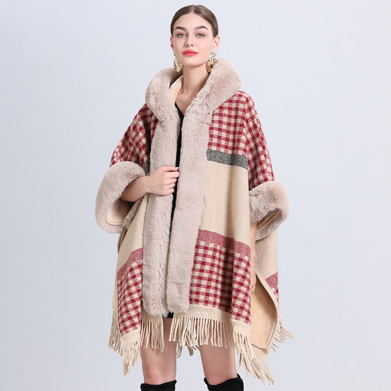 Lockerer Plaid Plus Kaschmir Pelzkragen Gestrickter Inverness