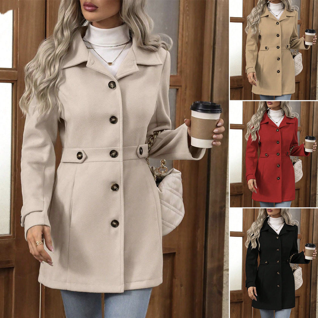 Eleganter Einreihiger Wollmantel mit Knöpfen, Revers, Mittellanger Jacke, Temperament, Pendler-Oberbekleidung für Damen