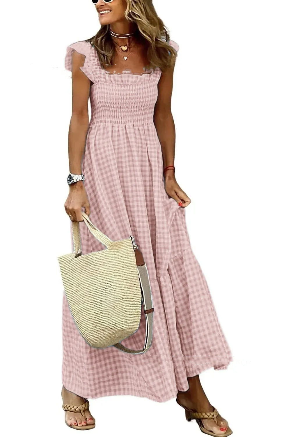 Women’s Summer Plaid Dress – Sleeveless A-Line Pleated Ruffle Beach Outfit