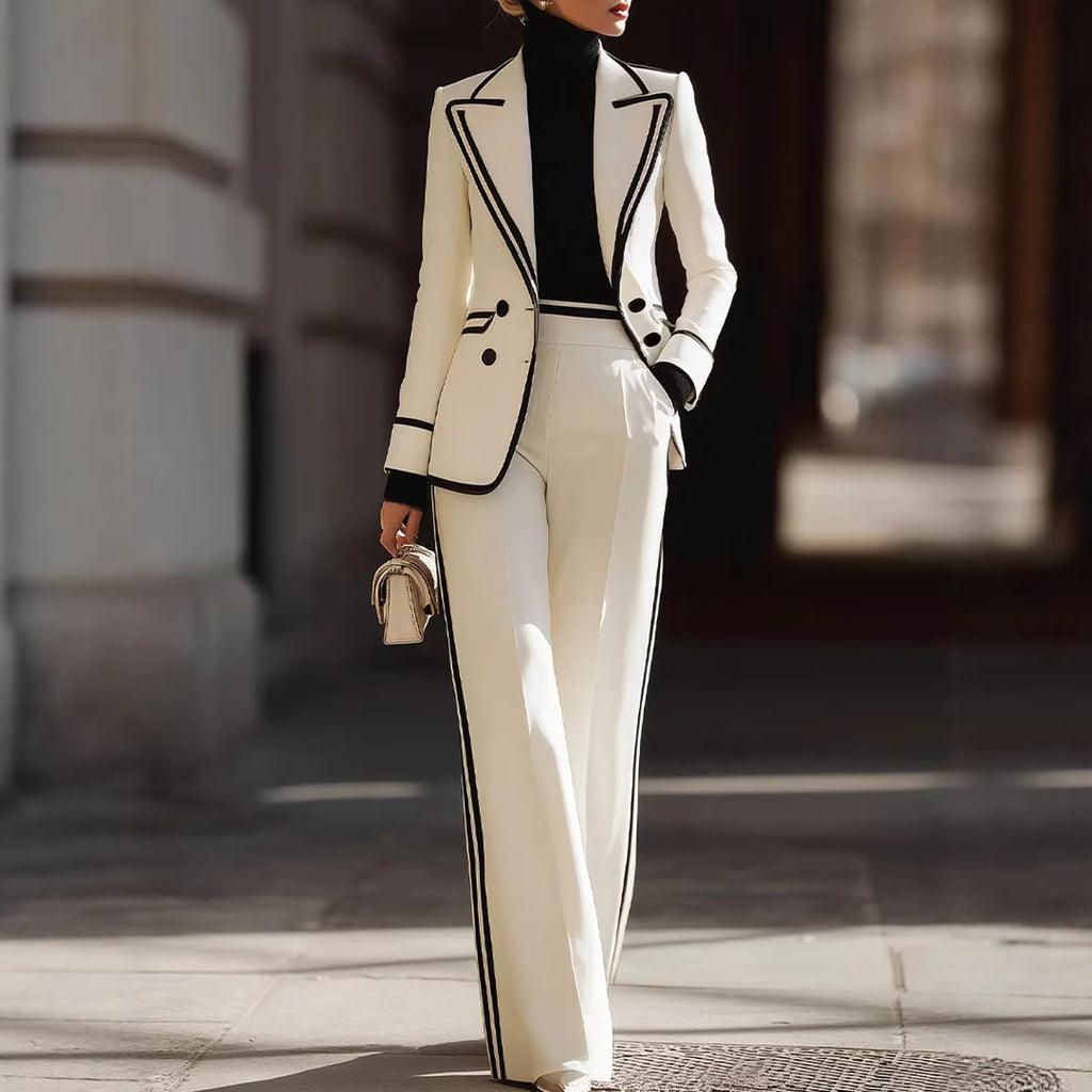 “Stylish Long Sleeve Blazer Suit – Double-Breasted Jacket with Casual Pants