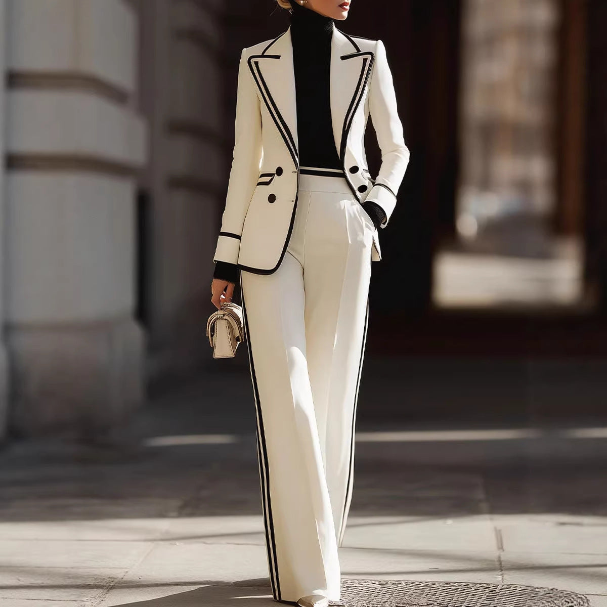 “Stylish Long Sleeve Blazer Suit – Double-Breasted Jacket with Casual Pants