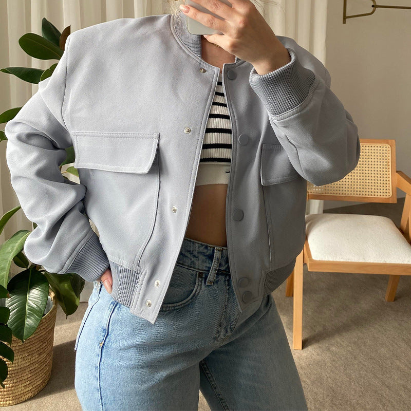 Trendy Women’s Fashion Coat – Casual Stand-Collar Short Jacket Long Sleeve