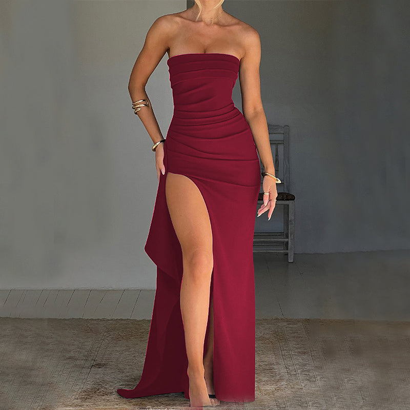 Trägerloses plissiertes Maxi-Brautjungfernkleid für Damen