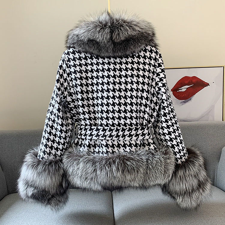 Nerzmantel Damen Kurz Houndstooth Pelzkragen Silberfuchs Pelzjacke
