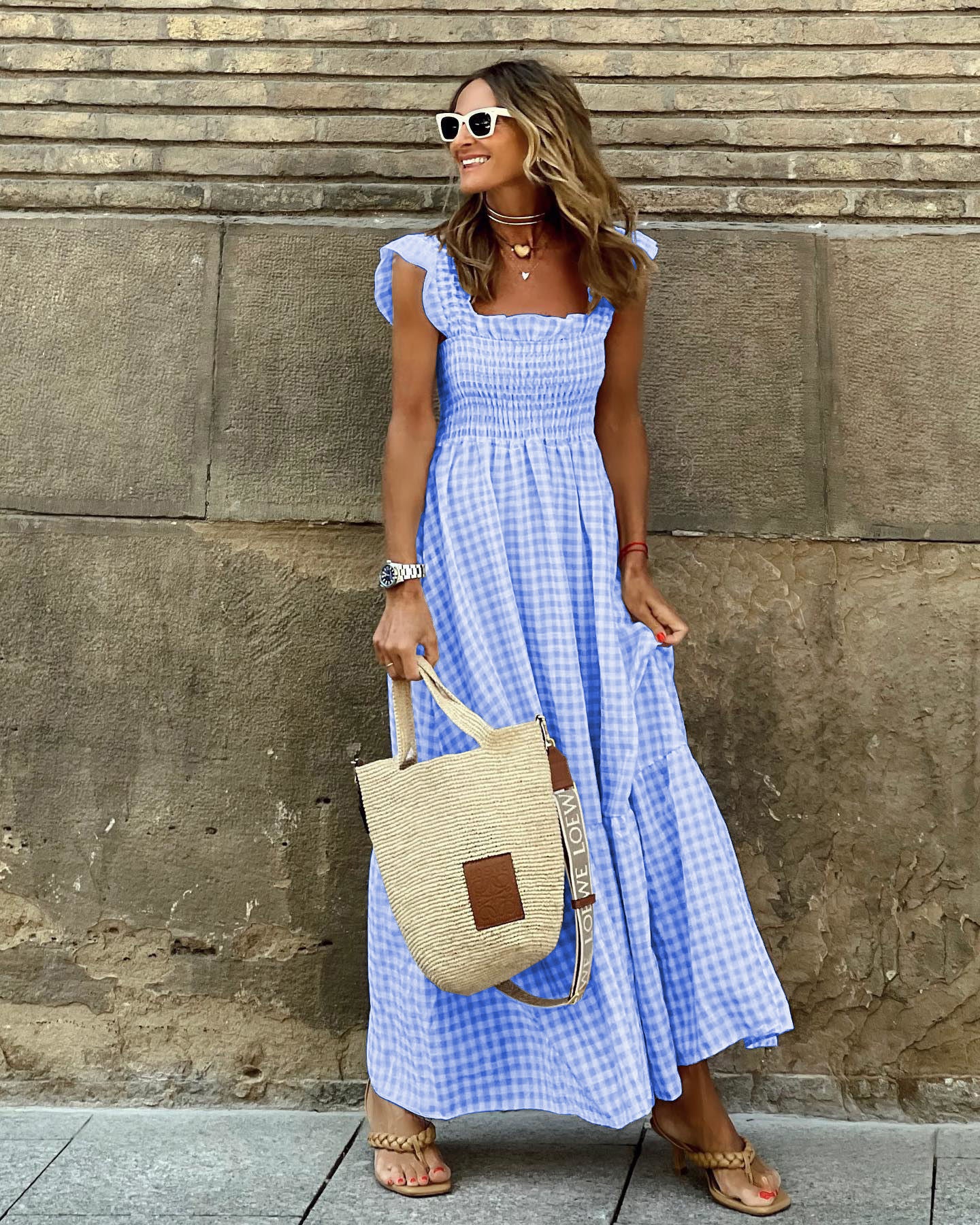 Women’s Summer Plaid Dress – Sleeveless A-Line Pleated Ruffle Beach Outfit