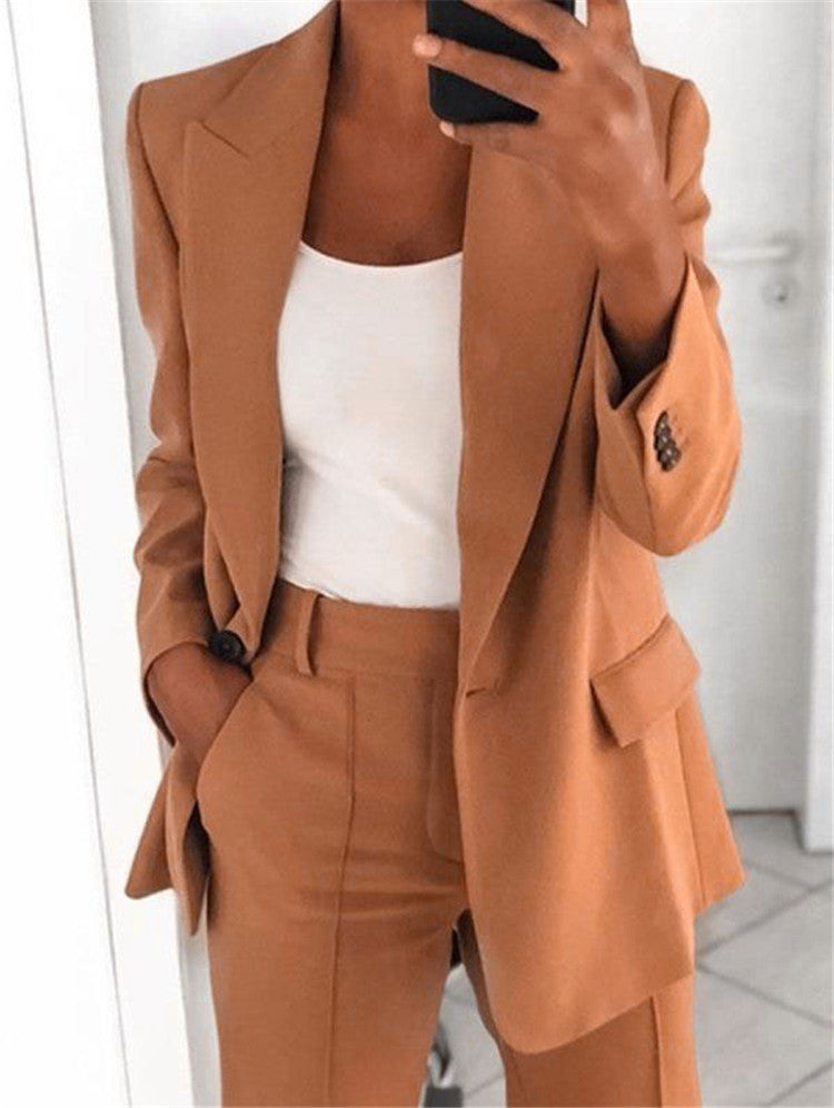 Trendy Women’s Workwear – Casual Long Sleeve Blazer Jacket with Slim Fit Trousers