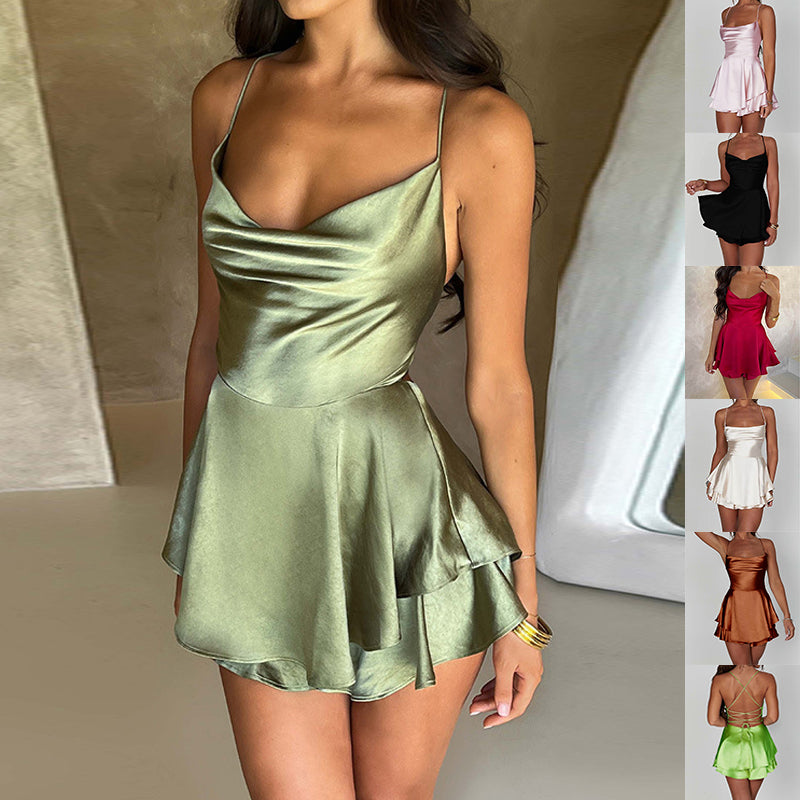Eleganter Party-Minikleid – Satin, schmale Träger, rückenfrei, zum Schnüren