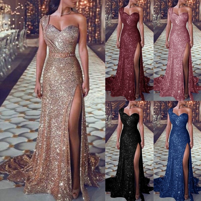 Damenbekleidung Ein-Schulter-ärmelloses Kleid mit Bronzierung und Schlitz