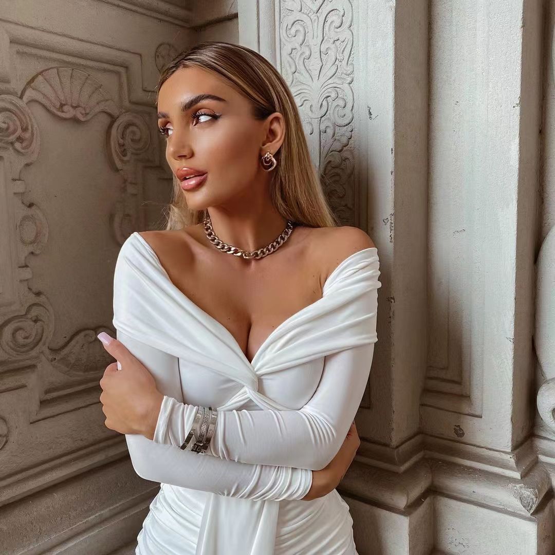 Damen Sexy V-Ausschnitt schulterfreies Langarm-Kleid mit Falten und Rüschen