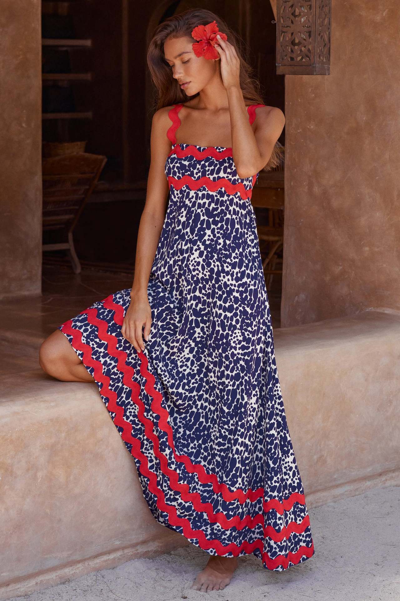 Women’s Summer Floral Suspender Dress – Wavy Pattern A-Line Beach Maxi
