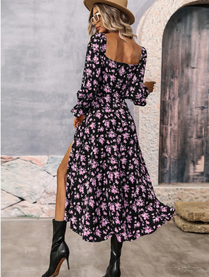 Women’s Summer Floral Dress – Square-Neck Long Sleeve Slit Outfit