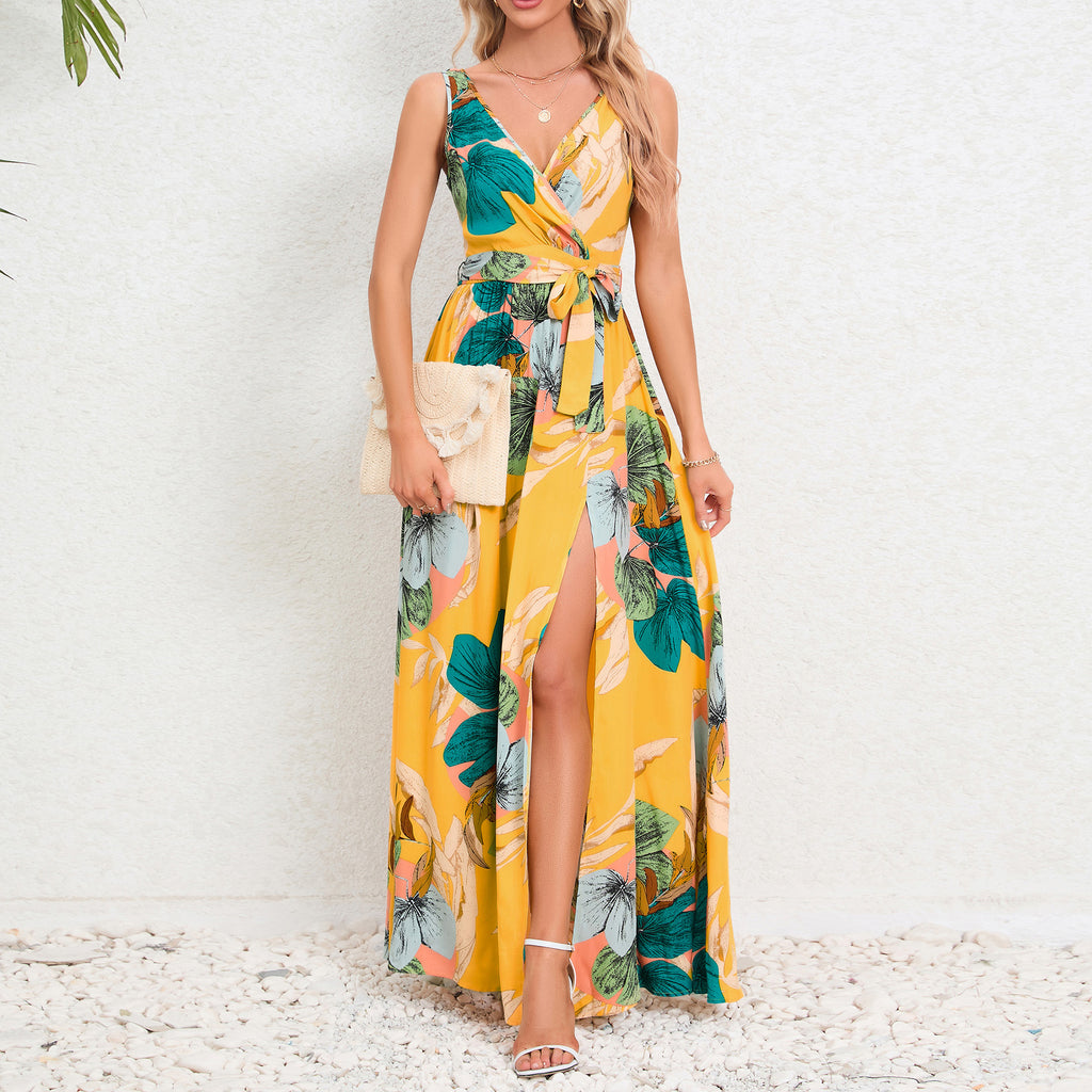 Women’s Summer Floral Maxi Dress – V-Neck Sleeveless Waist Tie Slit Outfit