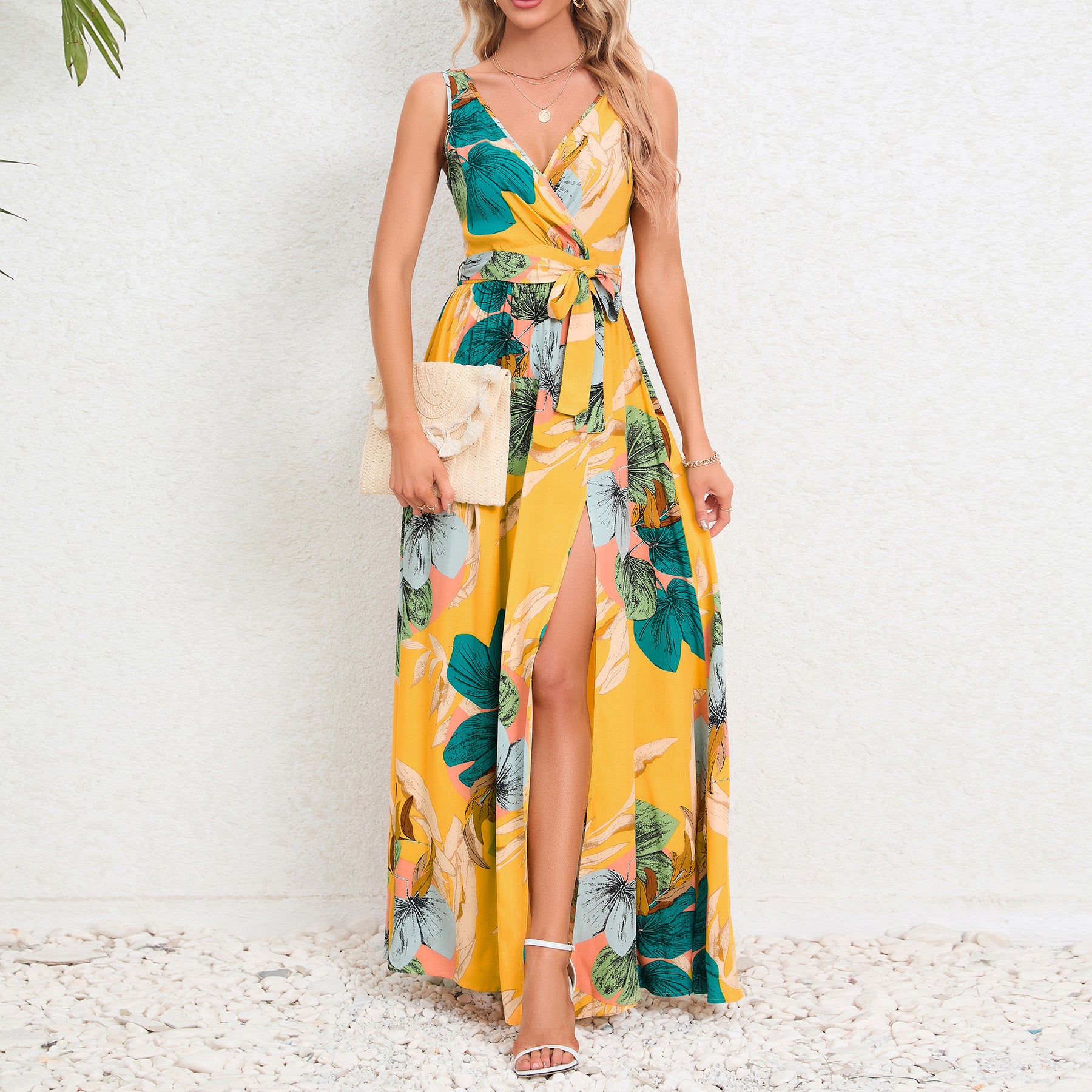 Women’s Summer Floral Maxi Dress – V-Neck Sleeveless Waist Tie Slit Outfit