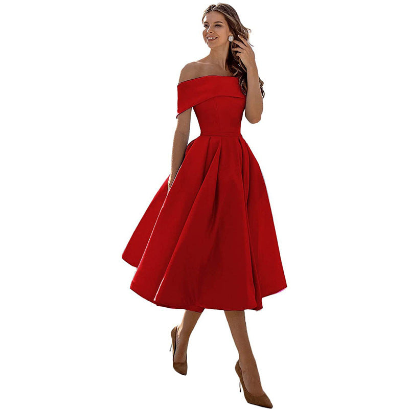Elegant Satin Strapless Dress – Women’s Off-Shoulder Tea-Length Evening Outfit with Pockets