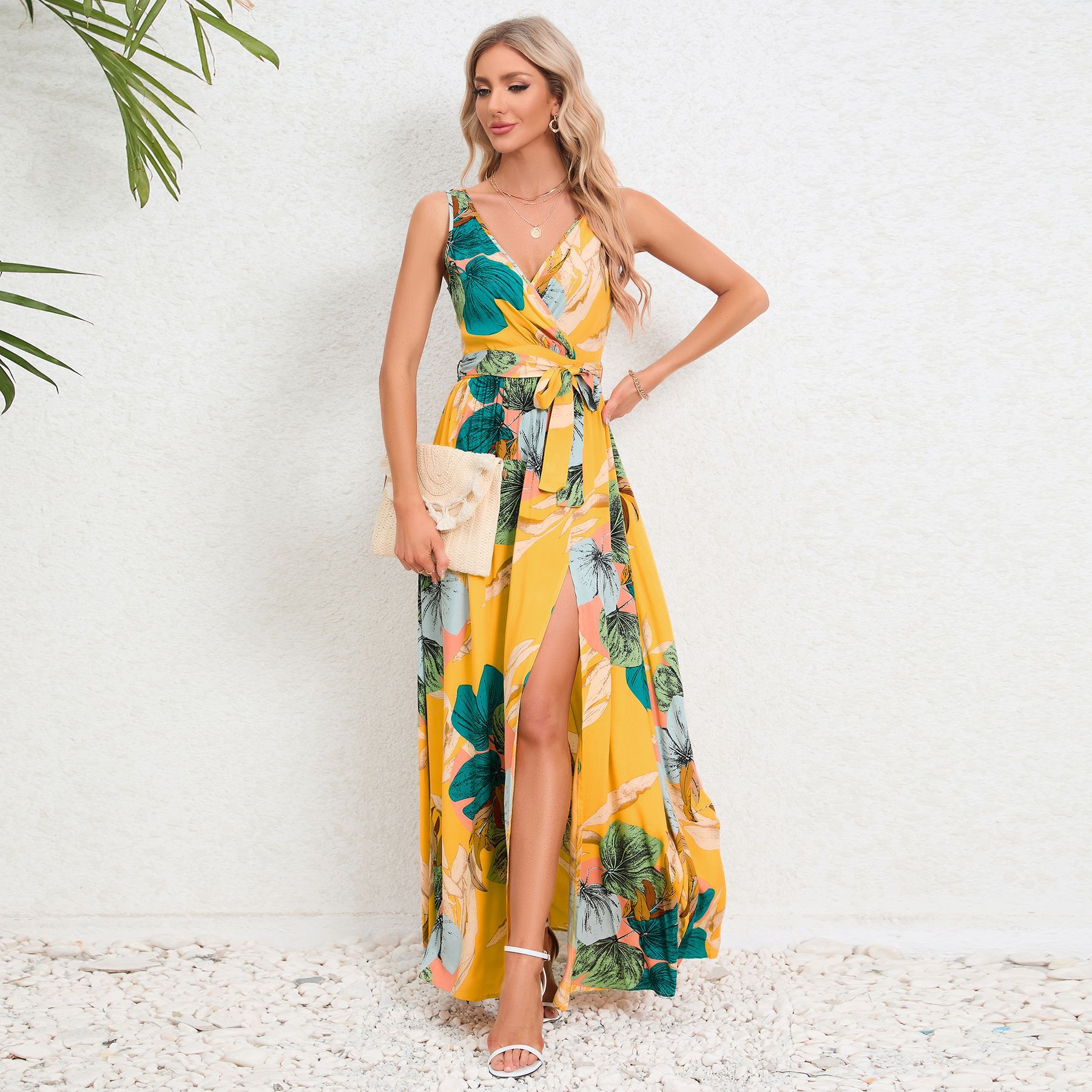 Women’s Summer Floral Maxi Dress – V-Neck Sleeveless Waist Tie Slit Outfit