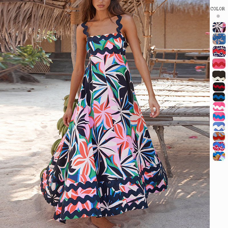 Women’s Summer Floral Suspender Dress – Wavy Pattern A-Line Beach Maxi