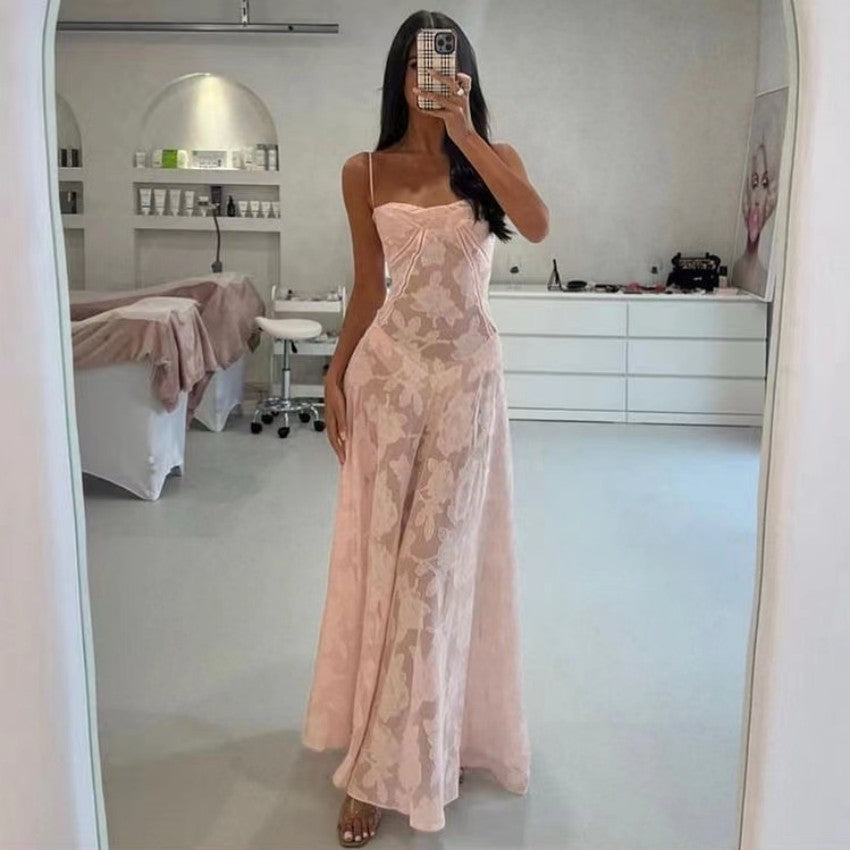 Women’s Summer Floral Lace Dress – Sexy Backless Suspender Long Party Outfit