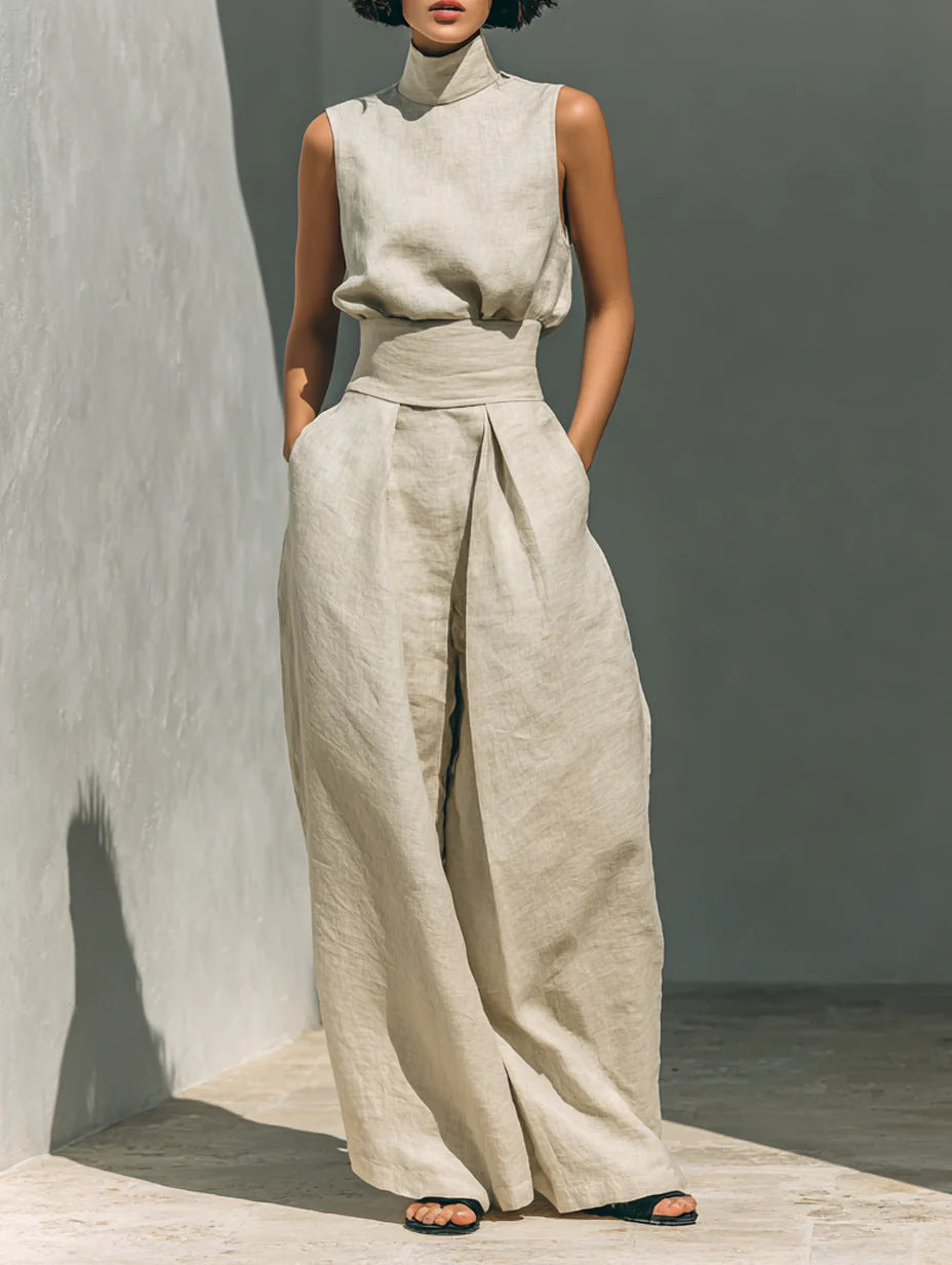 Elegant Women’s Co-ord Set – Sleeveless Stand-Up Collar Top & Loose Trousers