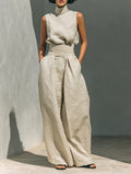 Elegant Women’s Co-ord Set – Sleeveless Stand-Up Collar Top & Loose Trousers