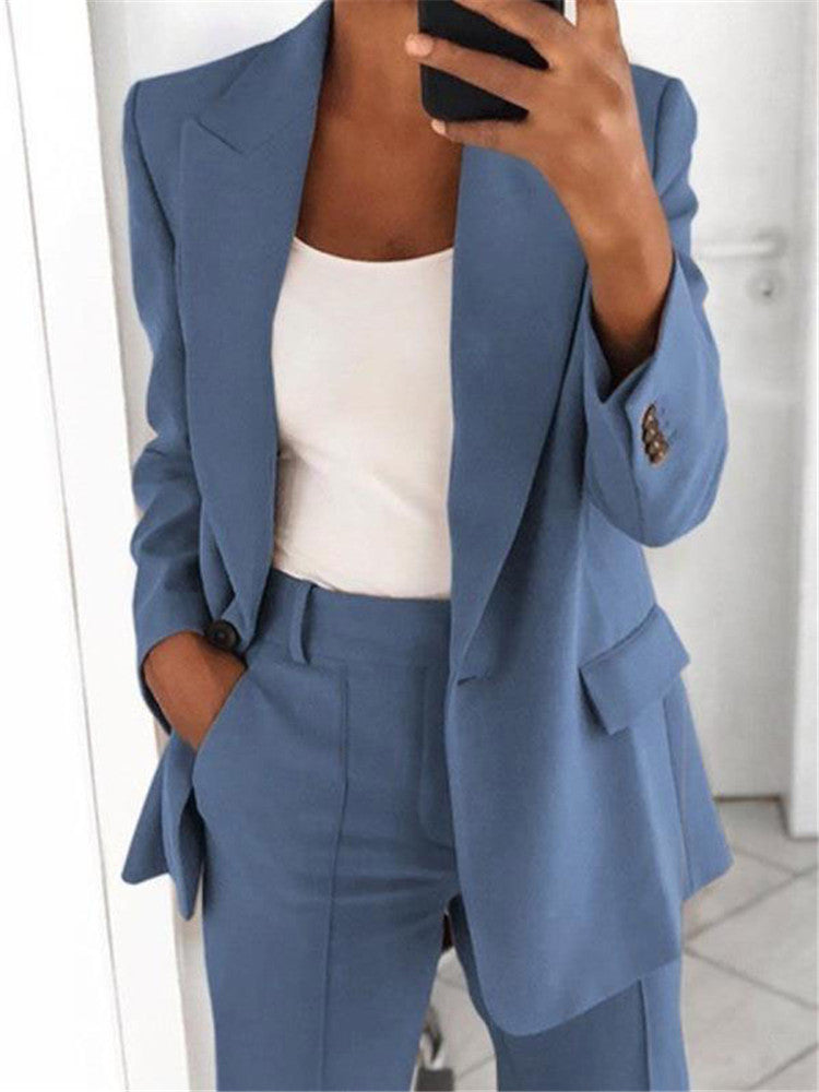 Trendy Women’s Workwear – Casual Long Sleeve Blazer Jacket with Slim Fit Trousers