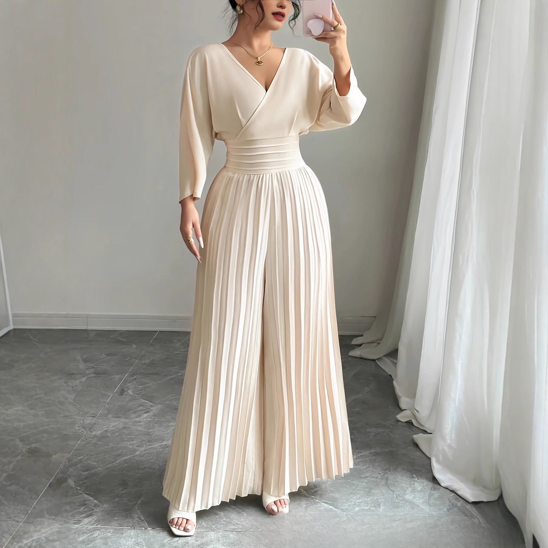 Stylish V-neck High-waist Solid-color Sexy Pleated Jumpsuit