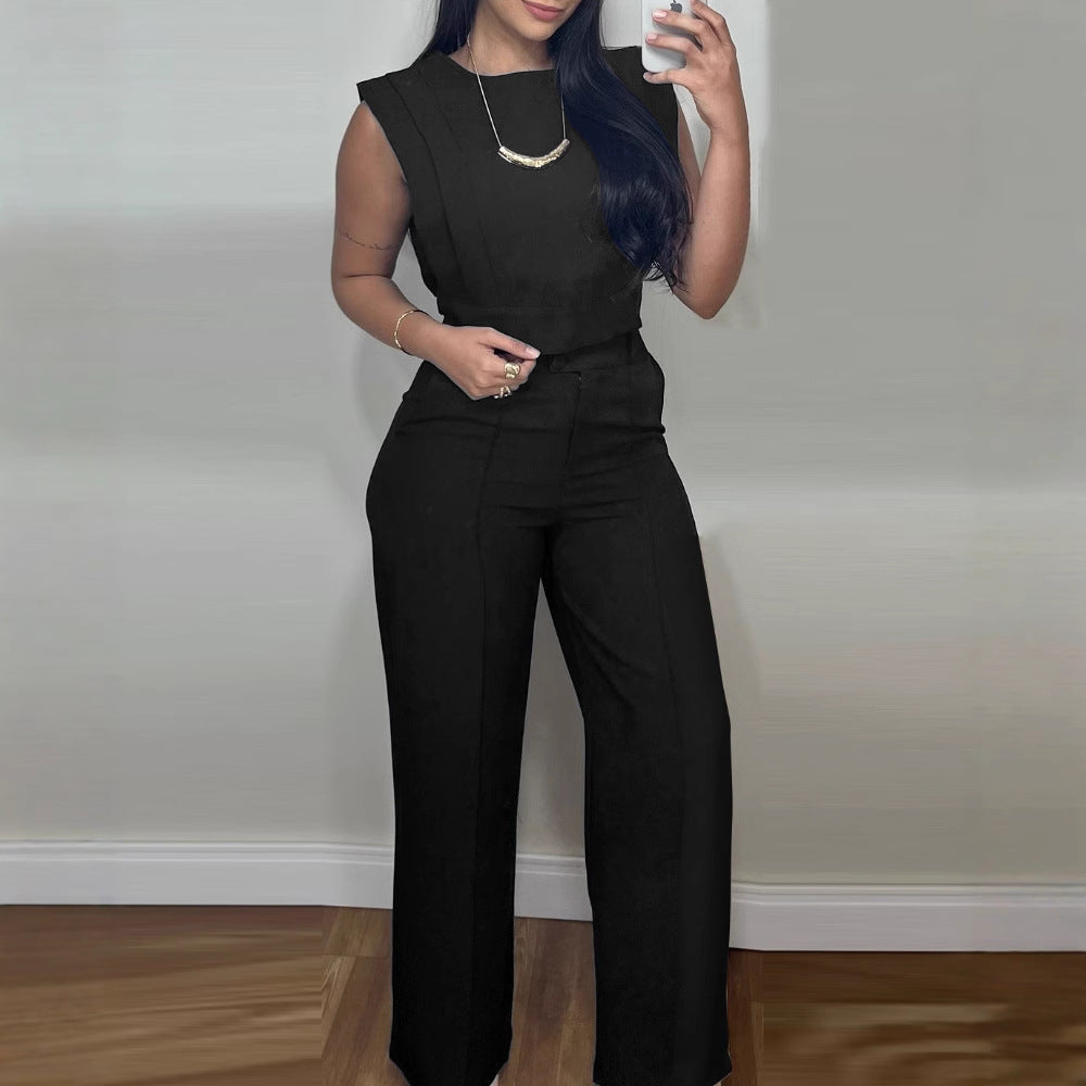 Women’s Summer Two-Piece Set – Sleeveless Round Neck Vest Top with Pocket Straight Pants
