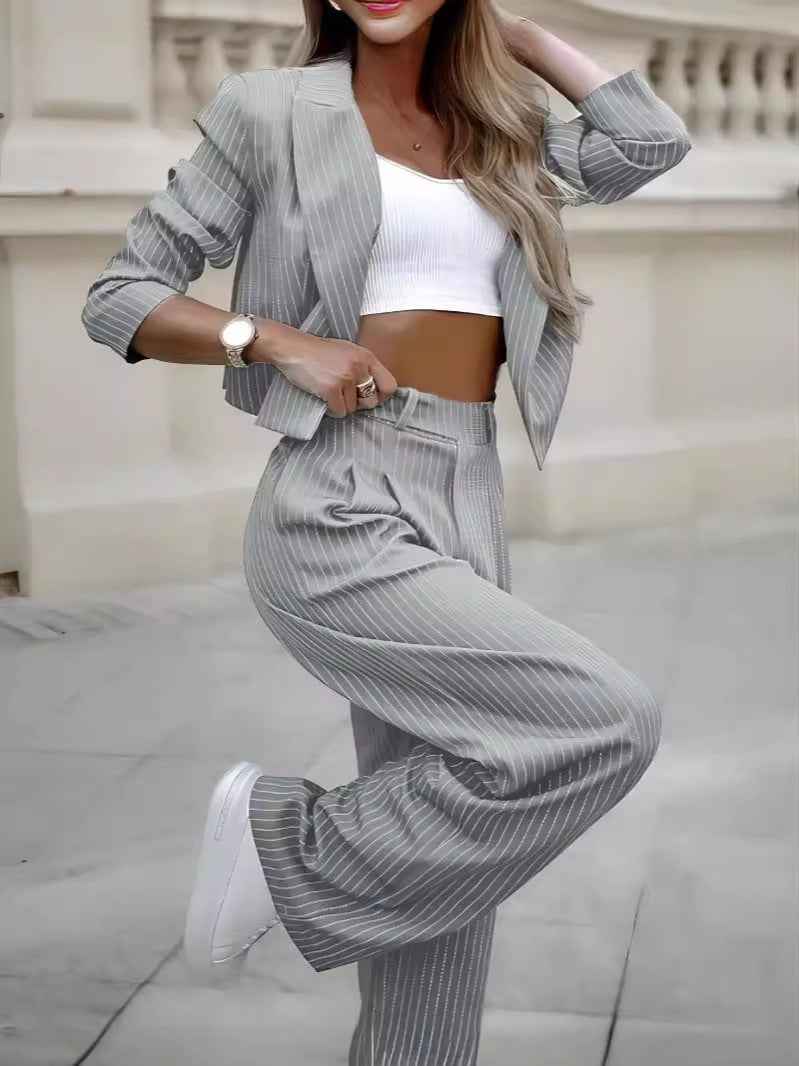 Women’s Spring Striped Suit – Casual Lapel Cropped Jacket with Straight Pants