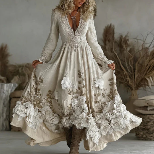 Retro Bohemian Floral Linen Maxi Dress, Loose Fit