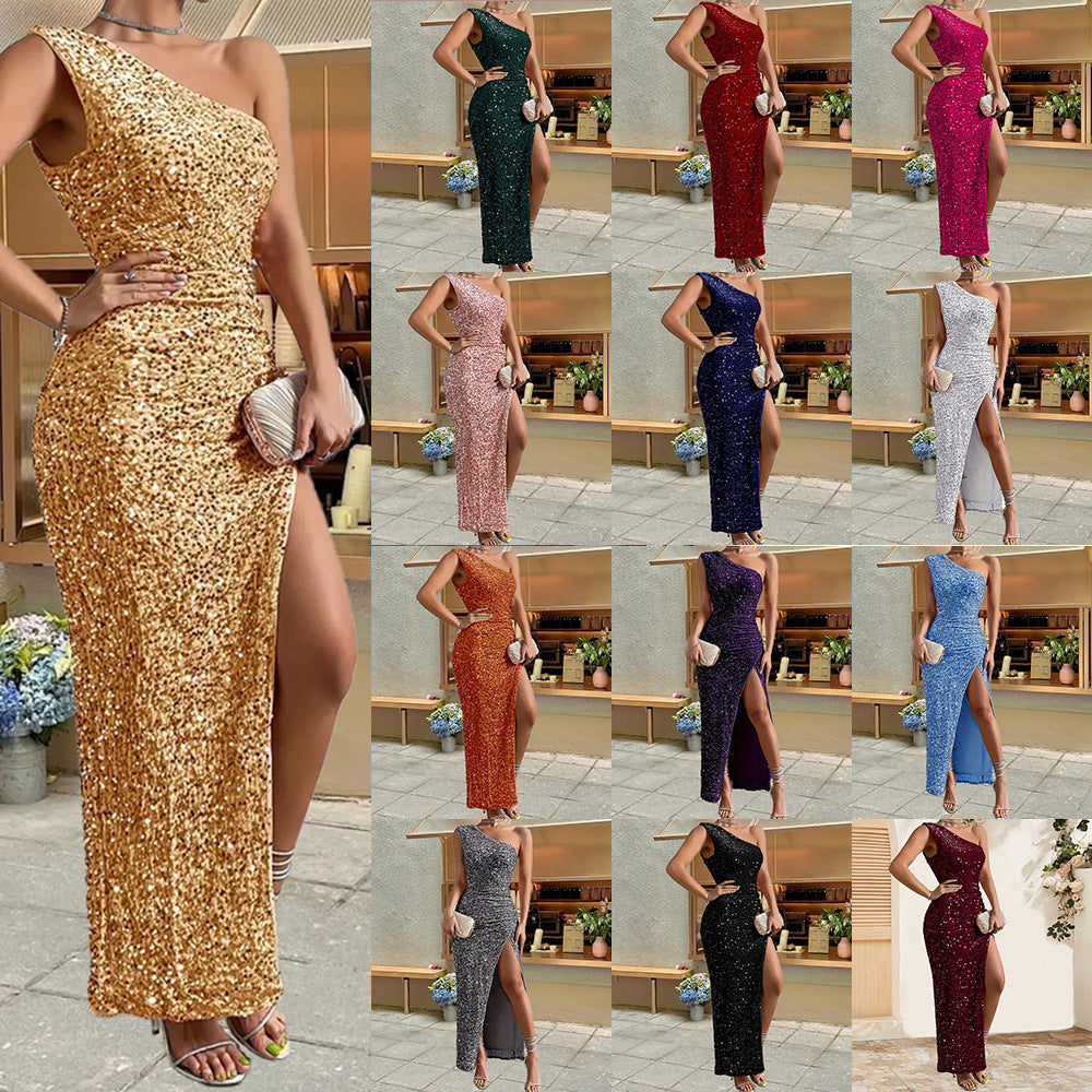Stylish Solid Color Evening Dress – Sequined Shoulder Split Slim Fit Party Style